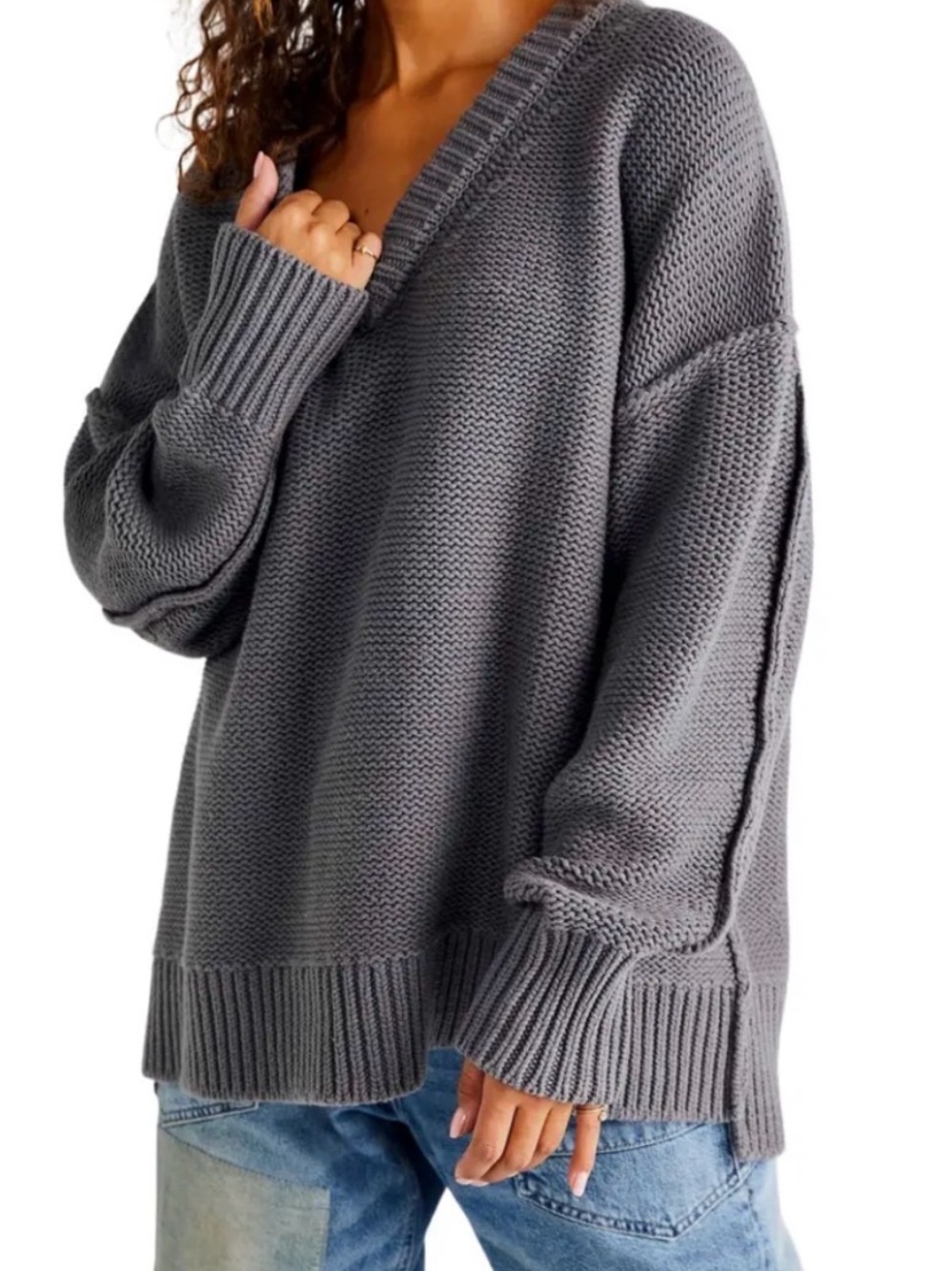 Free People Alli Oversized V-Neck Sweater in Titan Grey Sz Sm